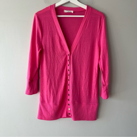 Zenana Hot Pink Snap Up Three Quarter Sleeve Cardigan Large - Picture 1 of 7